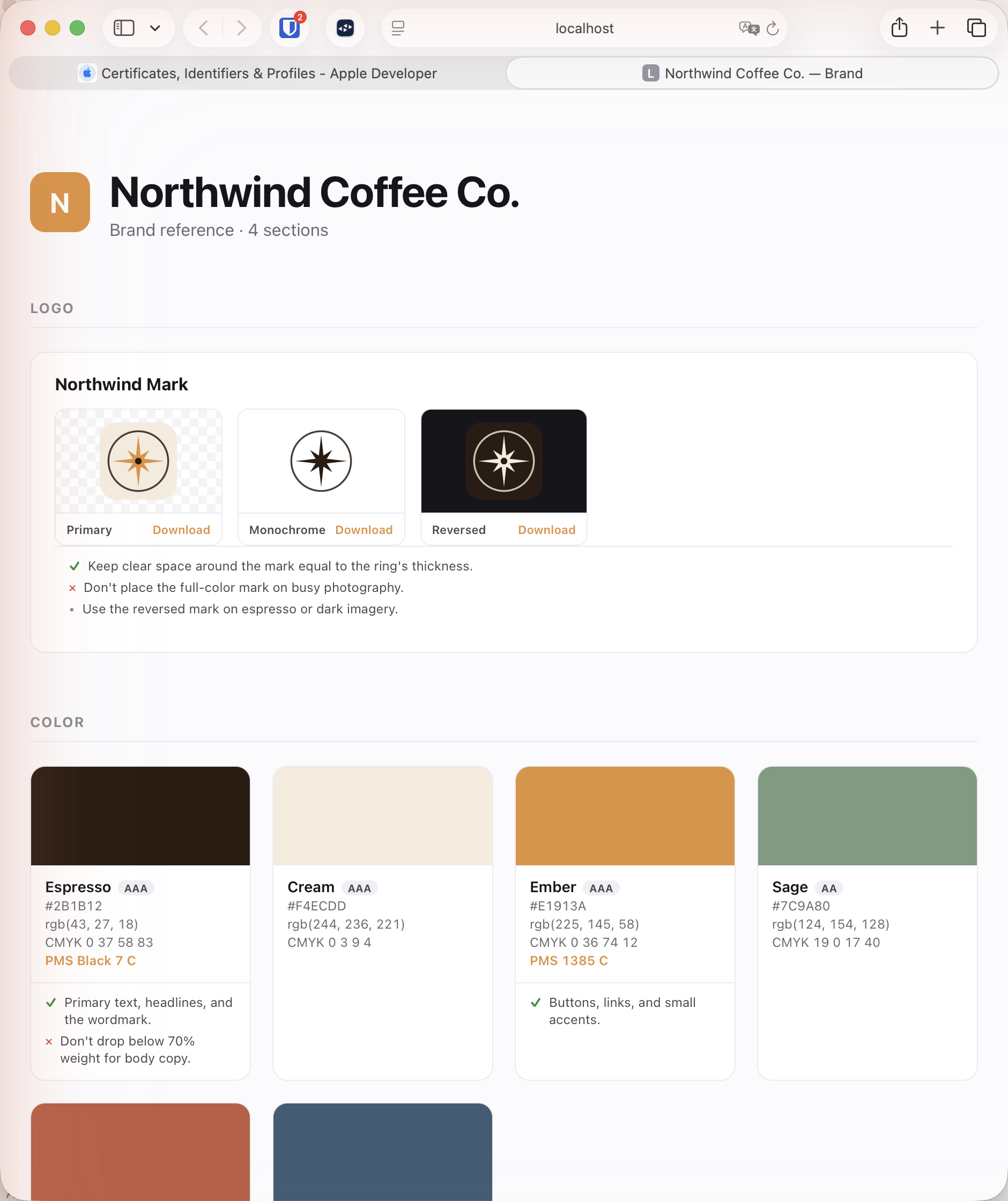 An exported Kit Cabin brand page open in a browser: the Northwind Coffee Co. logo set with download links and usage rules, and the palette with hex, RGB, CMYK, Pantone and WCAG grades.